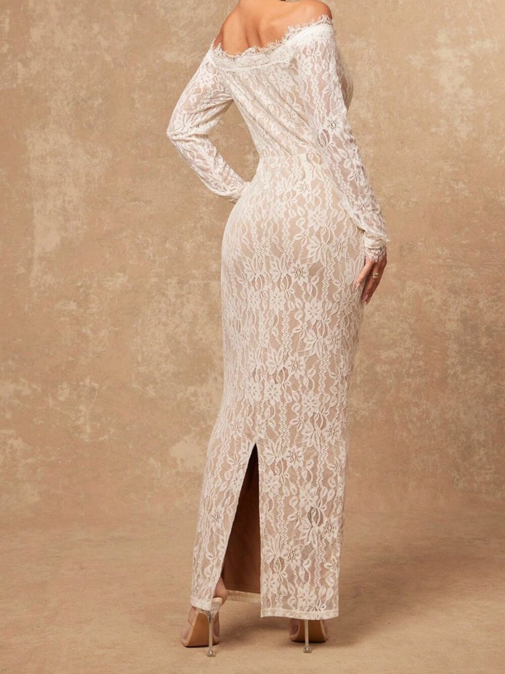 White Elegant Off-Shoulder Lace Ruched Slim Fit Women's Maxi Dress - Picture 2 of 7